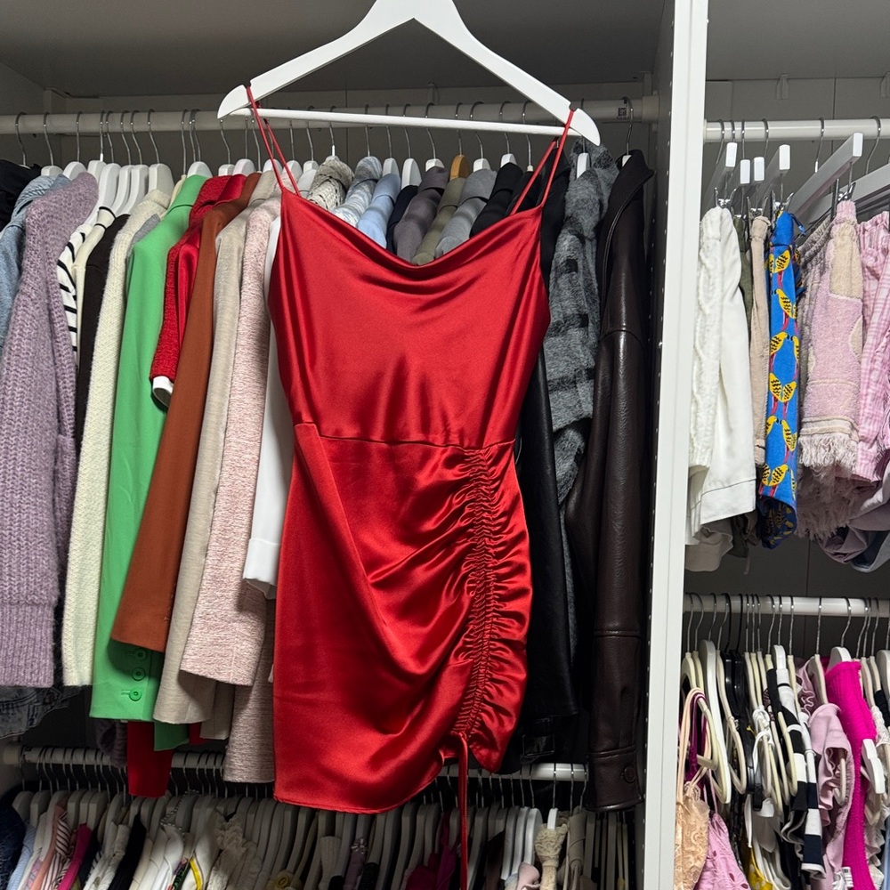 Zara Red Satin Ruched Mini Dress
